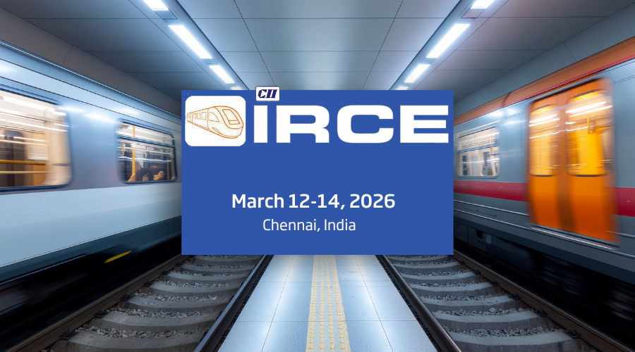 Metro trains passing in a station with IRCE event details overlay (March 12–14, 2026, Chennai, India).