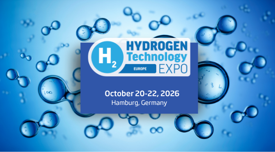 Hydrogen Technology Expo Europe graphic showing H2 molecule imagery with event details: October 20–22, 2026 in Hamburg, Germany.