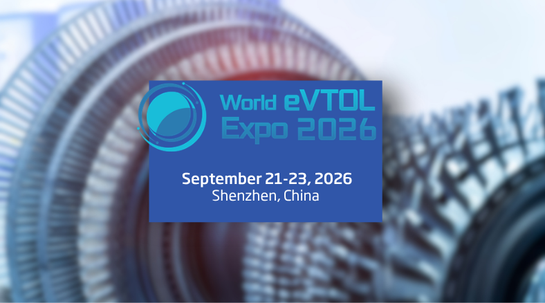 Logo for World eVTOL Expo 2026 with event dates and location over a blurred turbine background.
