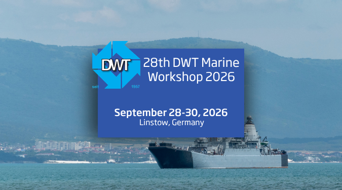 Graphic for the 28th DWT Marine Workshop 2026 with dates and location over an image of a naval ship at sea.