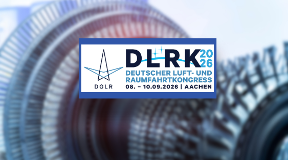 Logo for DLRK 2026 (Deutscher Luft- und Raumfahrtkongress) in Aachen, set against a blurred background of turbine blades.
