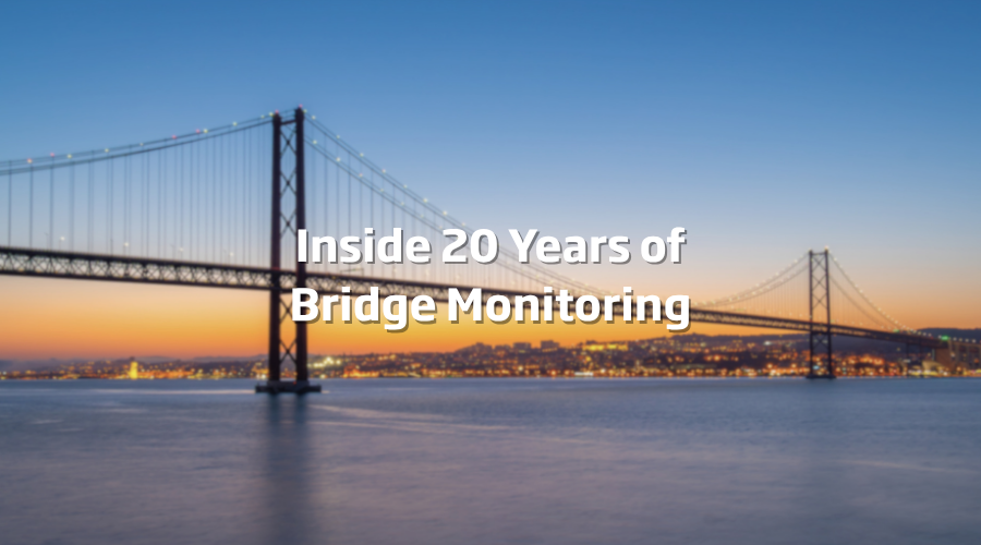 Suspension bridge at sunset with the title “Inside 20 Years of Bridge Monitoring.”