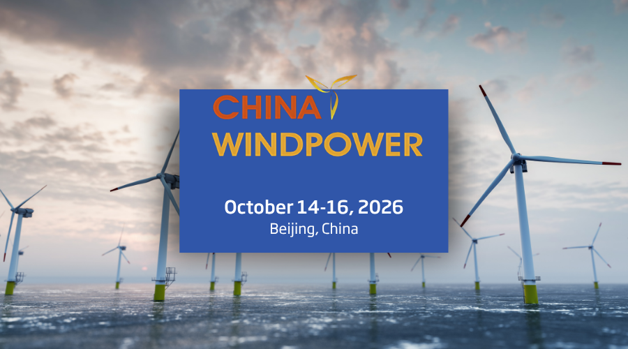 China Wind Power 2026 event graphic over an offshore wind farm with turbines at sunset.