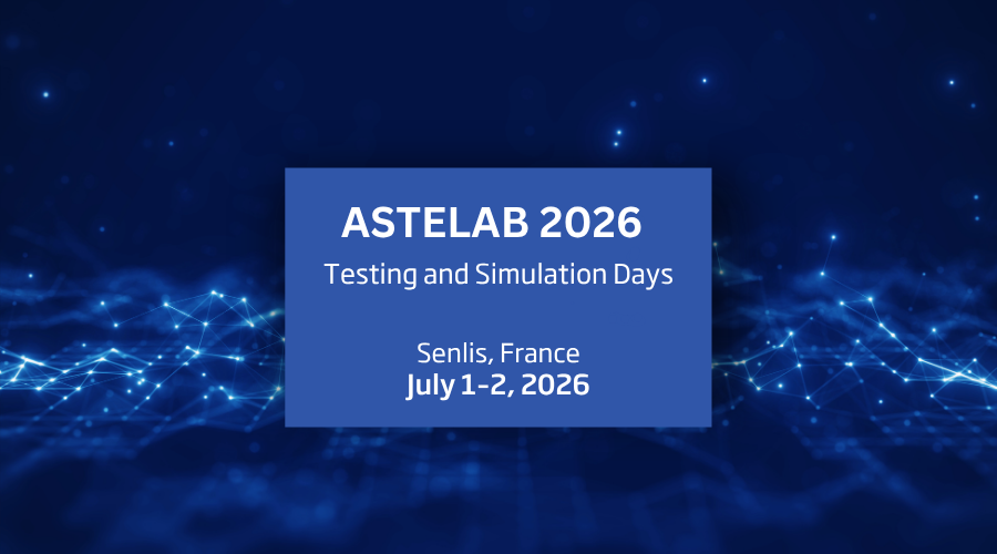 ASTELAB 2026 Testing and Simulation Days event banner with a digital network visualization background and event details.