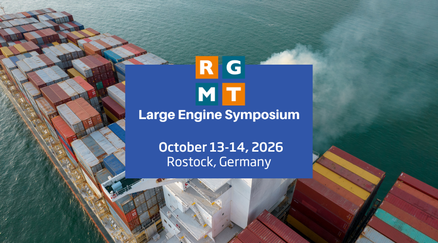 Large Engine Symposium 2026 event banner over an aerial view of a container ship at sea.