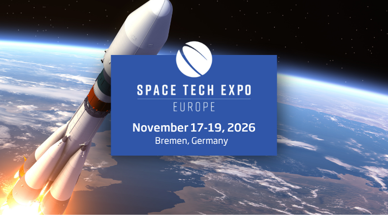 Space Tech Expo Europe 2026 event banner over a rocket launching into space above Earth, with event dates and location displayed prominently.
