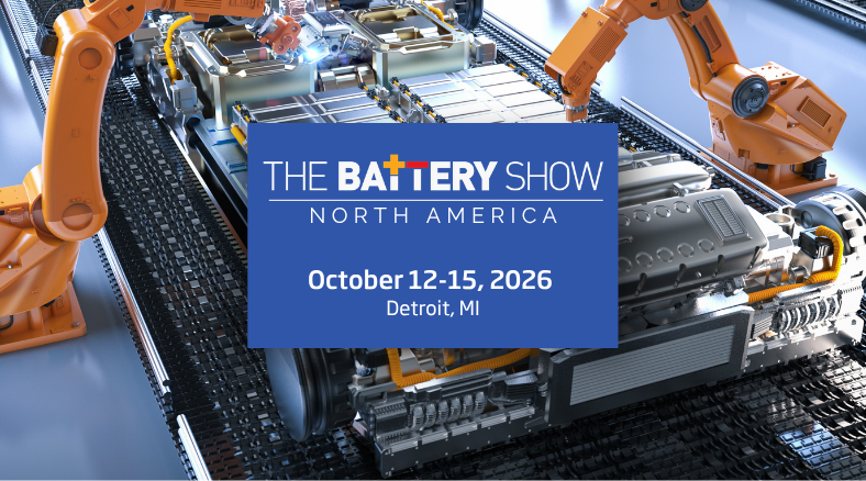 The Battery Show North America 2026 event banner over an automated electric vehicle battery assembly line with robotic arms.