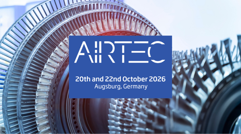 AIRTEC 2026 event banner over a close-up image of turbine blades, with event dates and location displayed prominently.