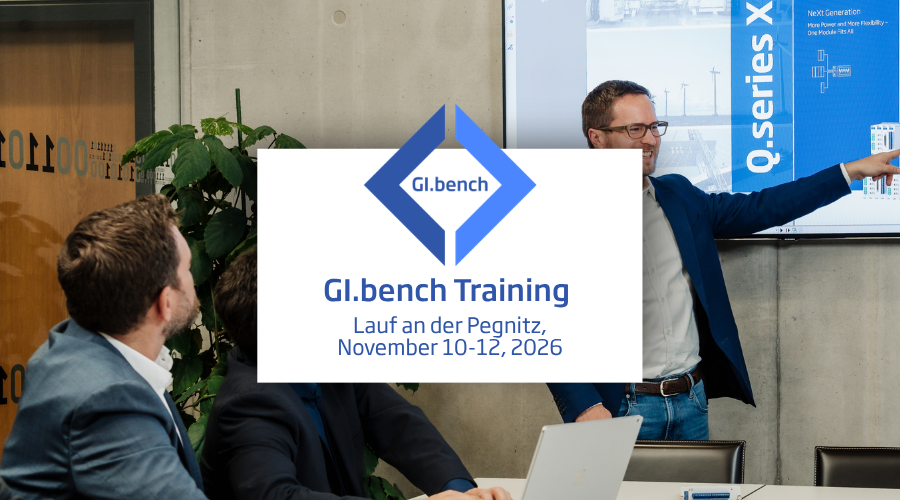 GI.bench Training 2026 event banner showing a presenter demonstrating software to attendees in a meeting room.