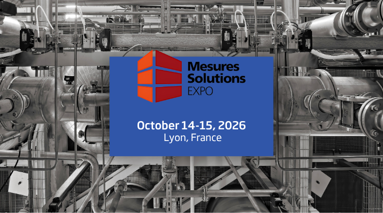 Mesures Solutions Expo 2026 event banner over an industrial process facility with pipes, valves, and instrumentation.